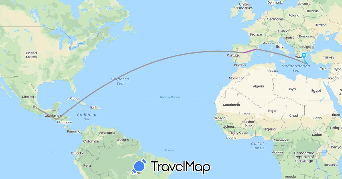 TravelMap itinerary: driving, plane, train, boat in Spain, Greece, Mexico, El Salvador (Europe, North America)